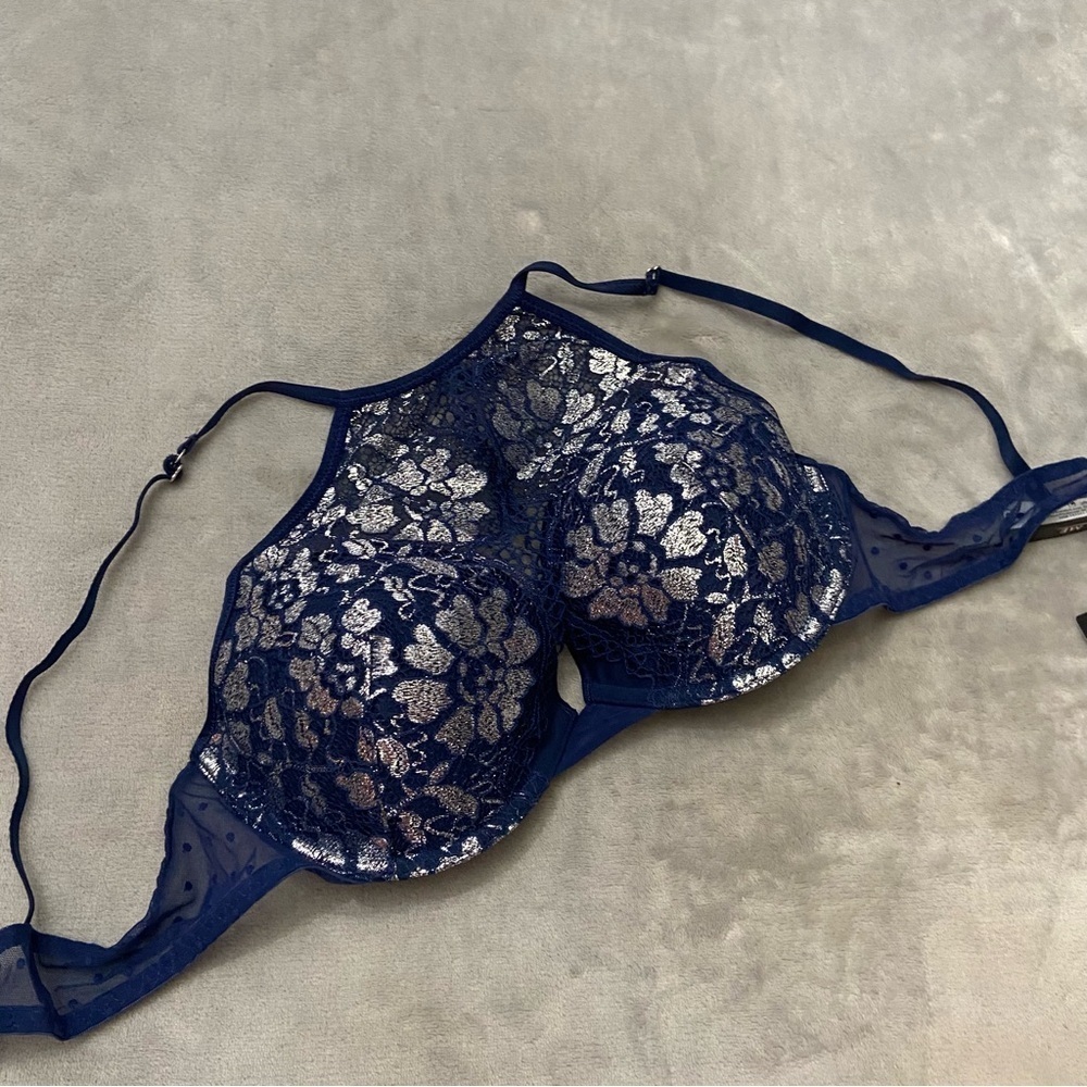 New! Adore me Navy and Silver Lace high neck halter Bra 3213